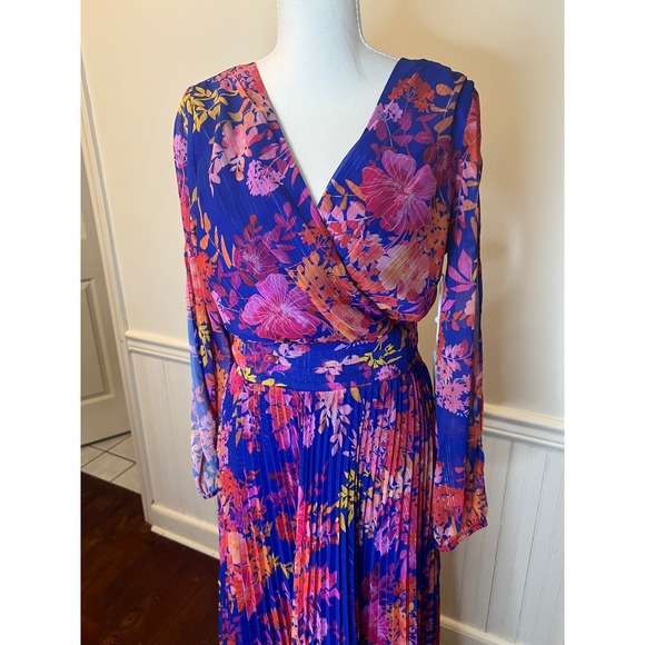 Sienna Blue Floral Pleated Maxi Dress Long Sleeve V-Neck Shimmer NWT chiffon 6 - Picture 5 of 12